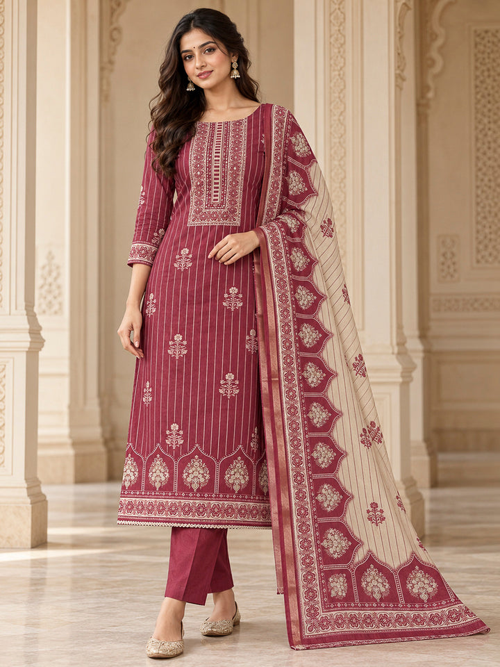 Red Chanderi Printed Unstitched Dress Material
