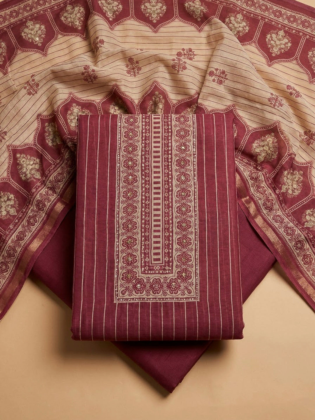 Red Chanderi Printed Unstitched Dress Material