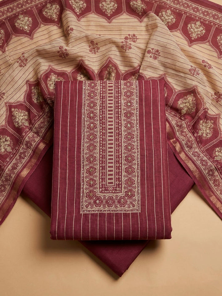 Red Chanderi Printed Unstitched Dress Material