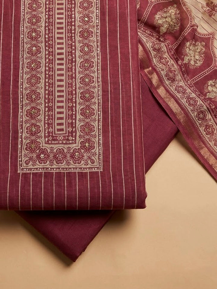 Red Chanderi Printed Unstitched Dress Material