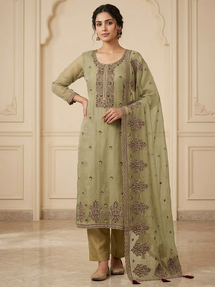 Mehndi Organza Embroidered Unstitched Dress Material