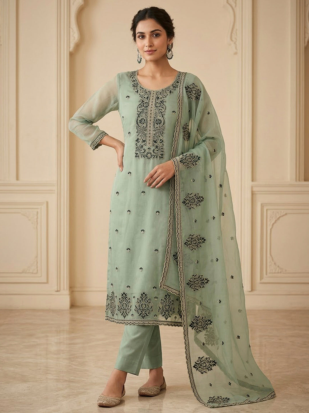 Rama Green Organza Embroidered Unstitched Dress Material
