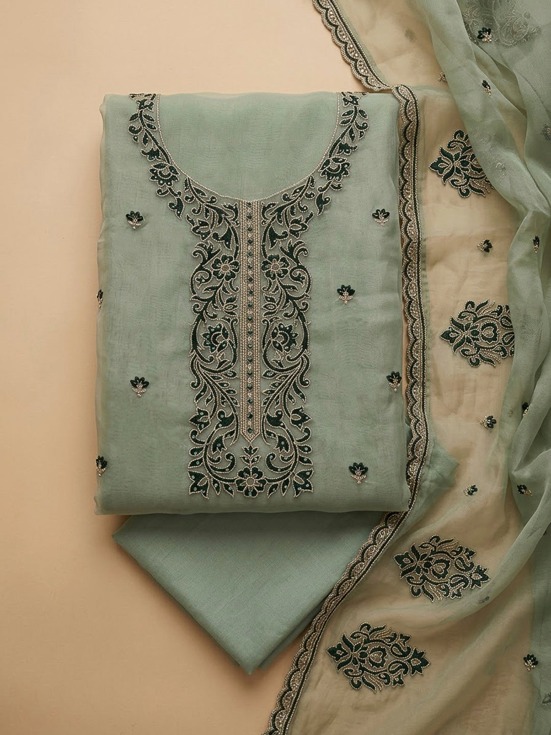 Rama Green Organza Embroidered Unstitched Dress Material