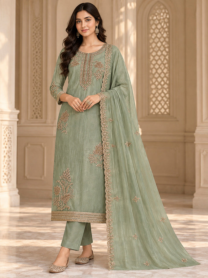 Aqua Green Organza Embroidered Unstitched Dress Material