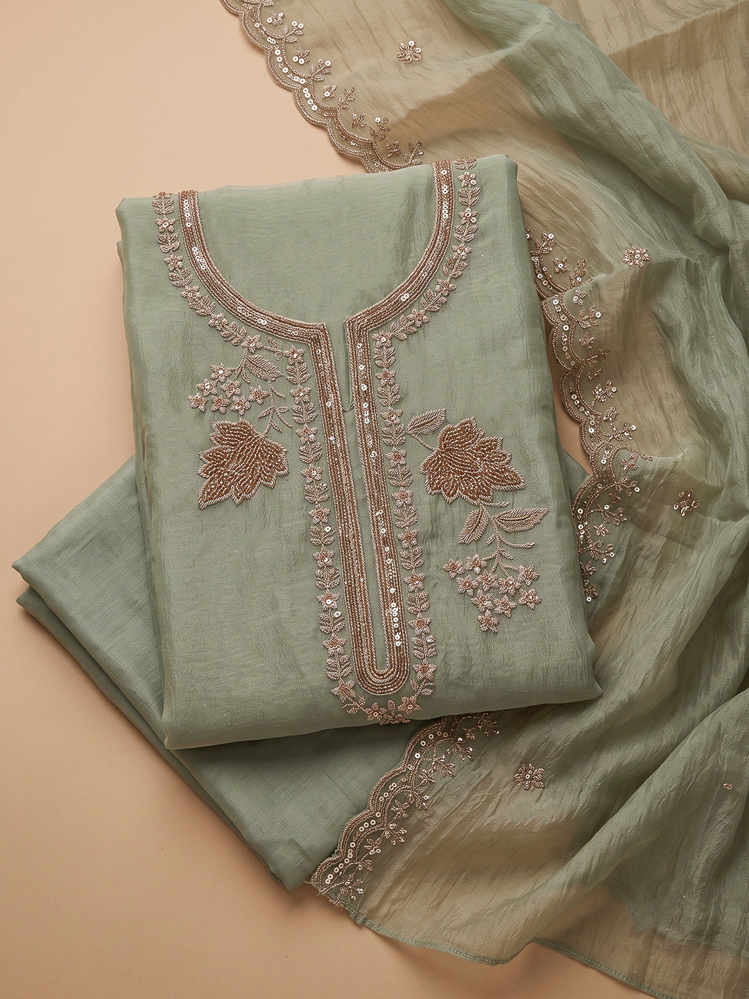 Aqua Green Organza Embroidered Unstitched Dress Material