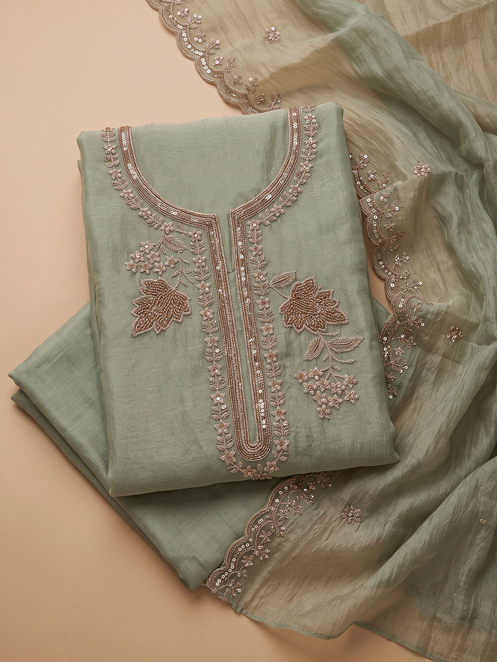 Aqua Green Organza Embroidered Unstitched Dress Material