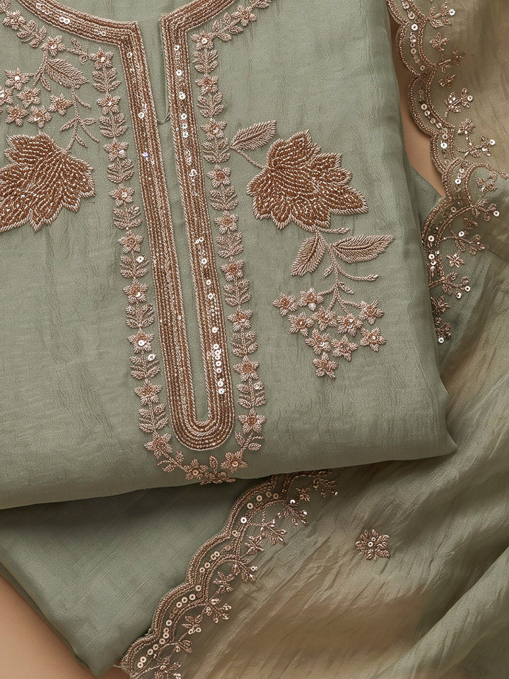 Aqua Green Organza Embroidered Unstitched Dress Material