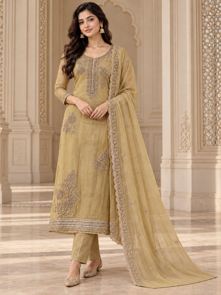 Beige Organza Embroidered Unstitched Dress Material