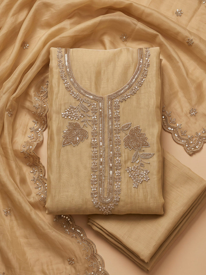 Beige Organza Embroidered Unstitched Dress Material