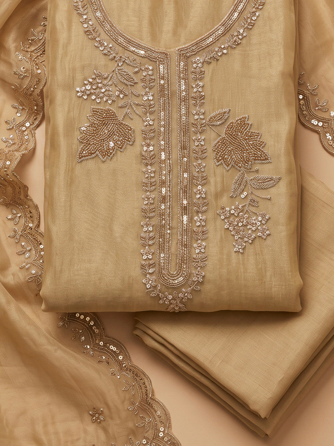 Beige Organza Embroidered Unstitched Dress Material