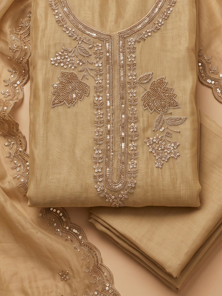 Beige Organza Embroidered Unstitched Dress Material