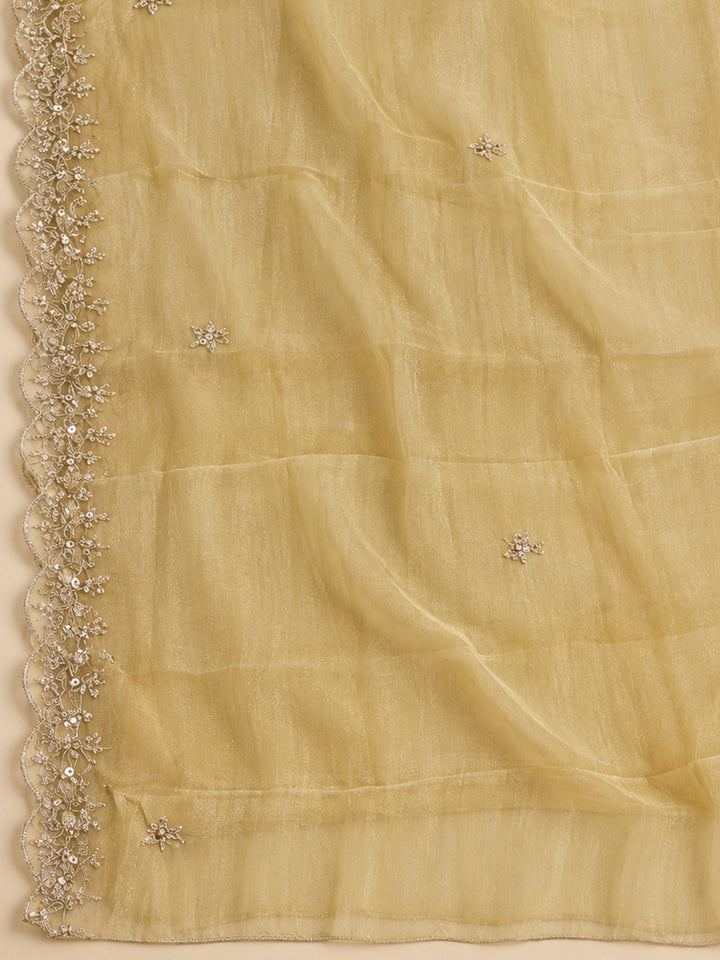 Beige Organza Embroidered Unstitched Dress Material