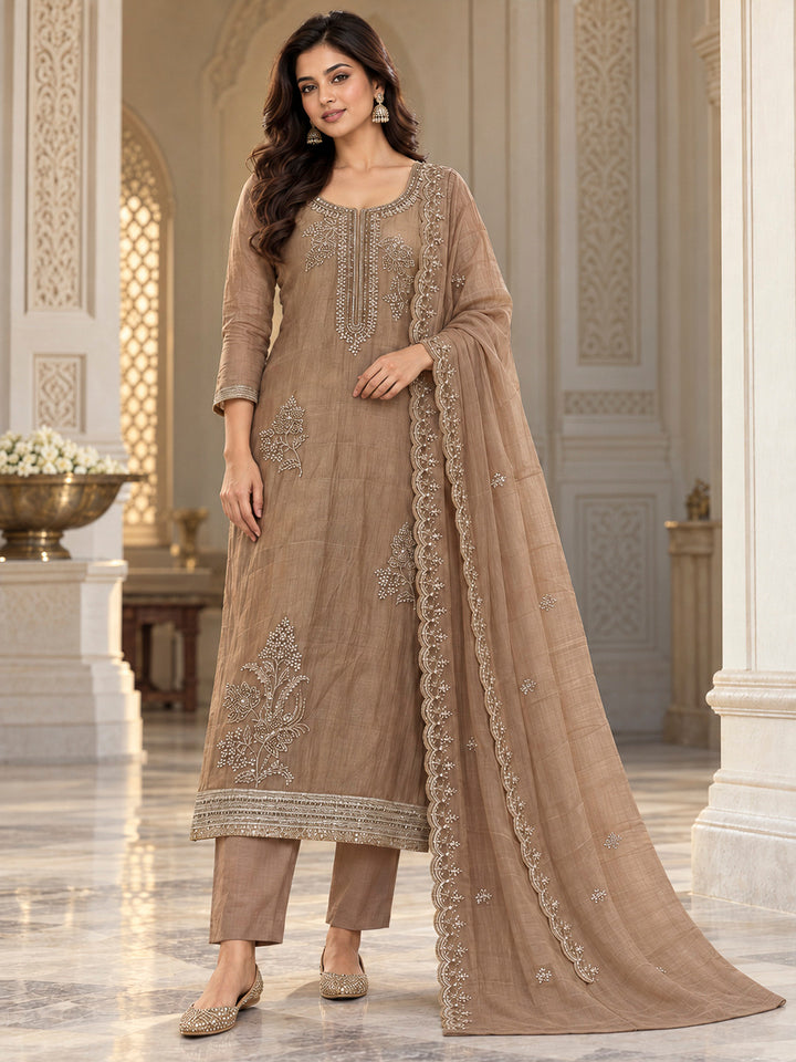 Brown Organza Embroidered Unstitched Dress Material