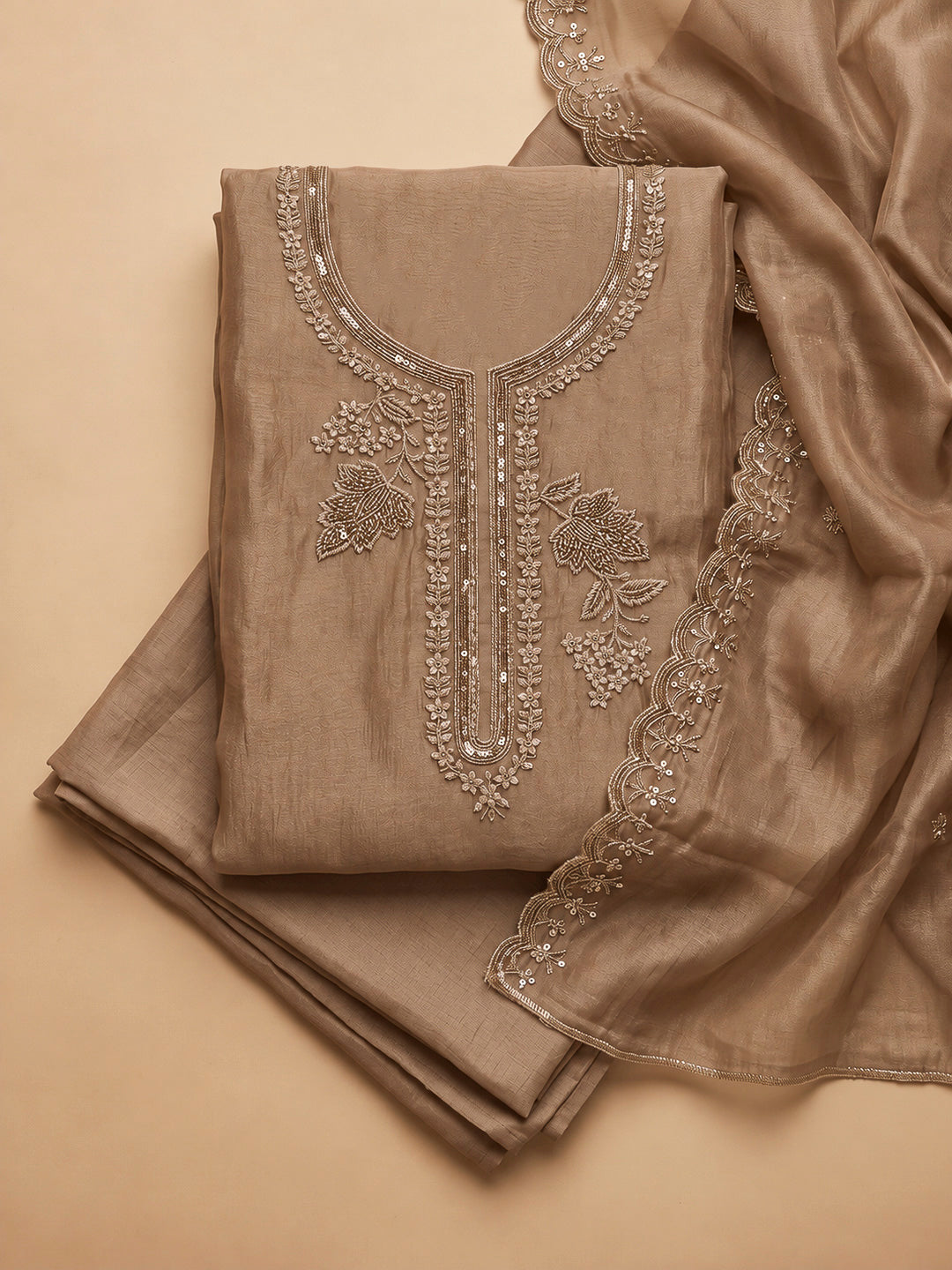 Brown Organza Embroidered Unstitched Dress Material