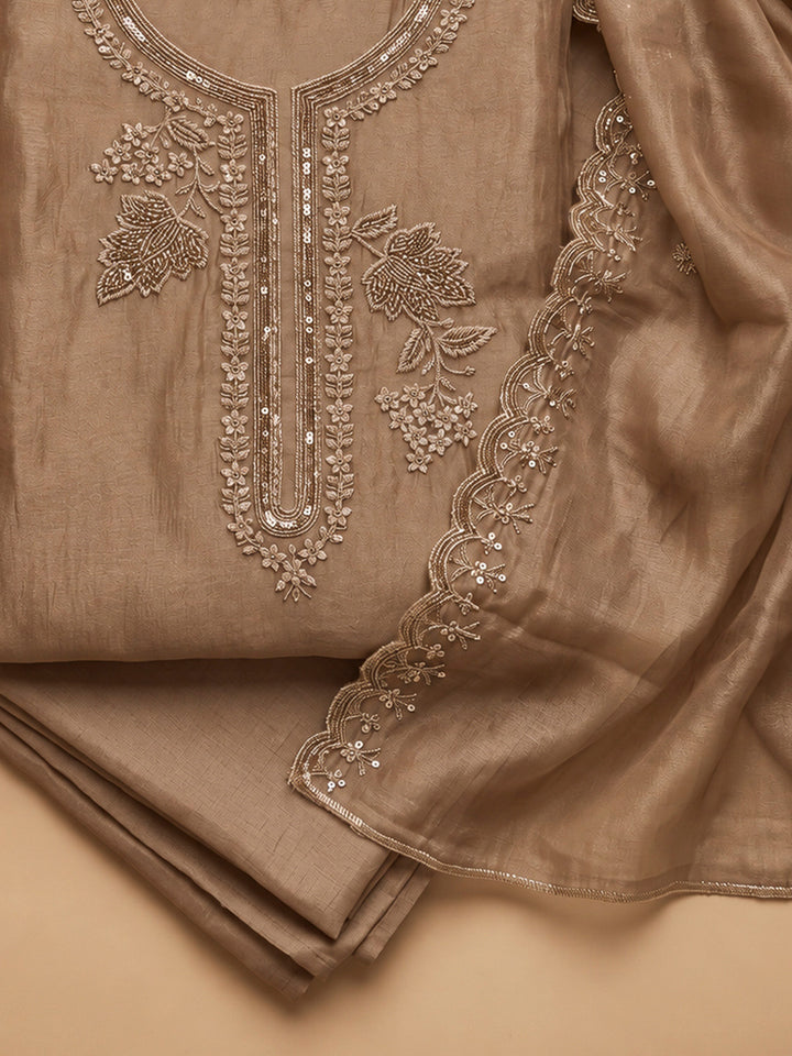 Brown Organza Embroidered Unstitched Dress Material