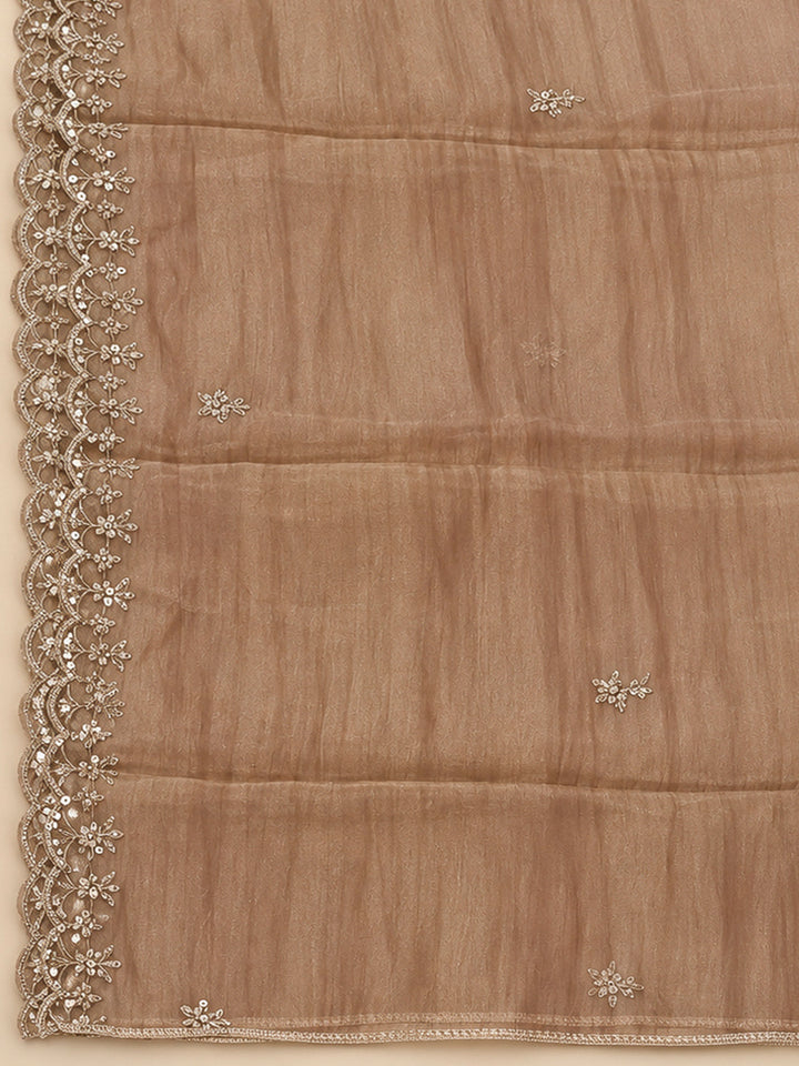 Brown Organza Embroidered Unstitched Dress Material