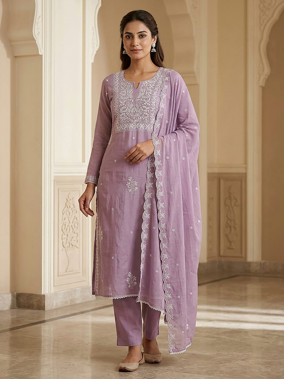 Lavender Chanderi Embroidered Unstitched Dress Material