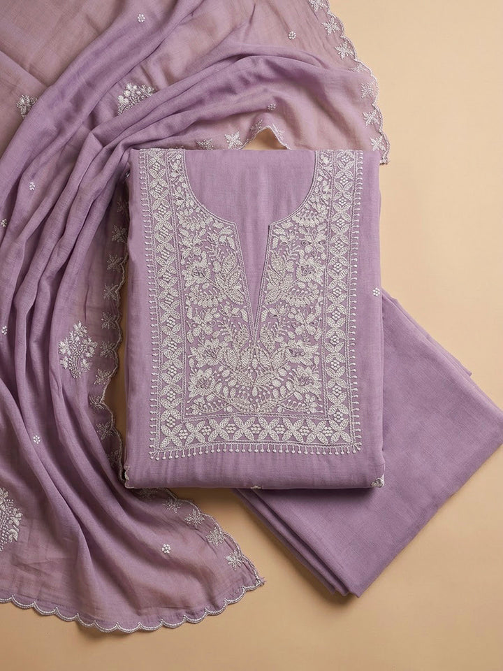 Lavender Chanderi Embroidered Unstitched Dress Material