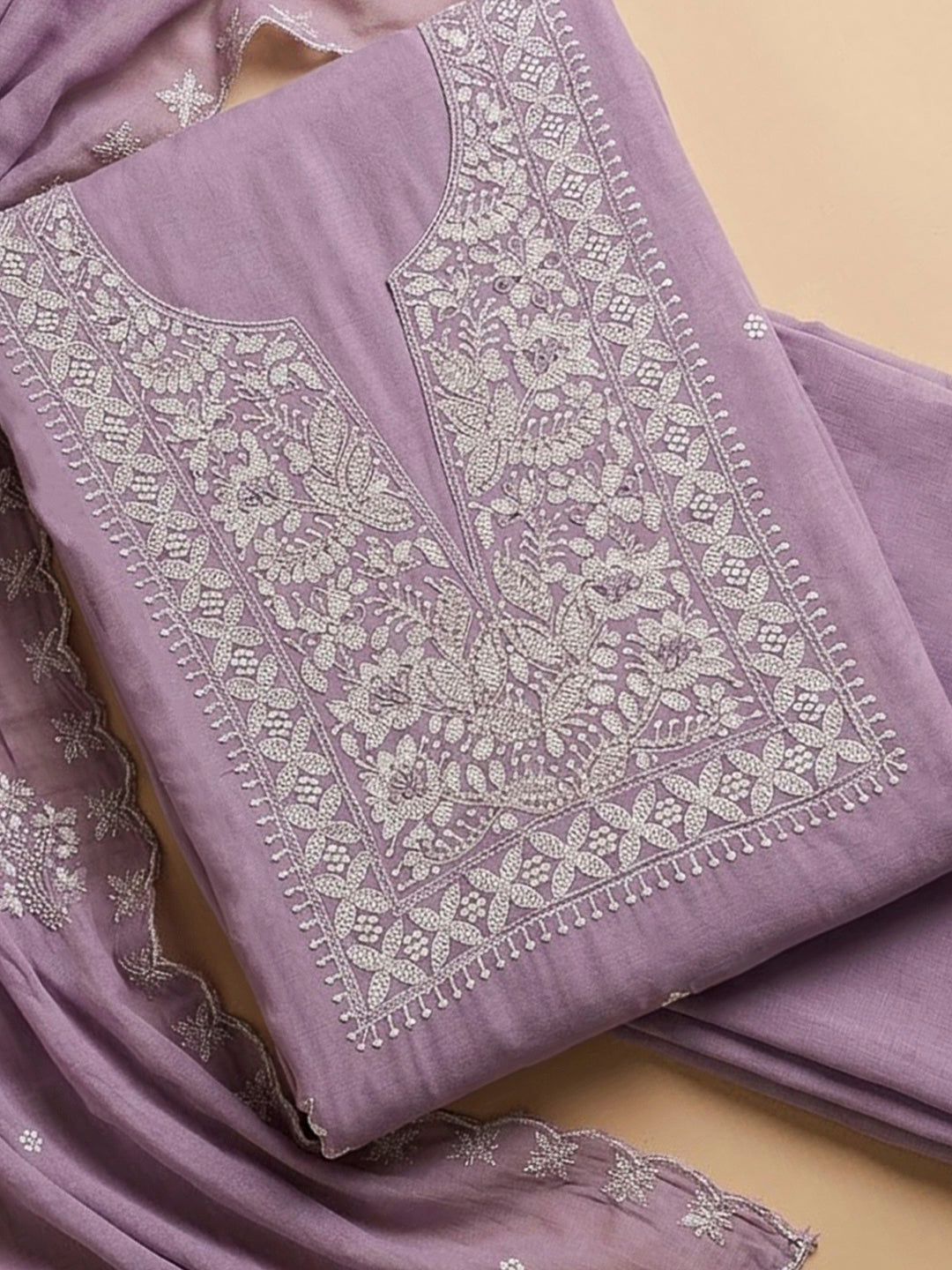 Lavender Chanderi Embroidered Unstitched Dress Material