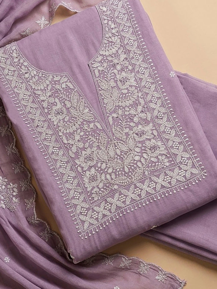 Lavender Chanderi Embroidered Unstitched Dress Material
