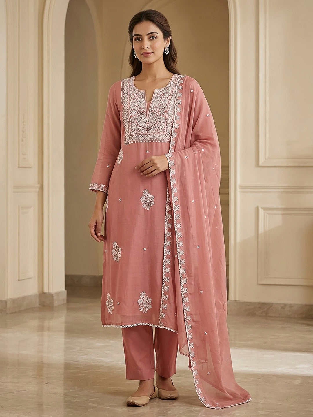 Peach Chanderi Embroidered Unstitched Dress Material
