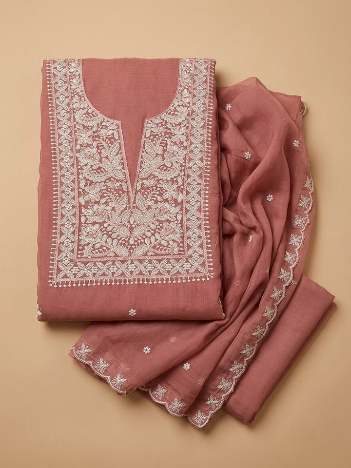 Peach Chanderi Embroidered Unstitched Dress Material