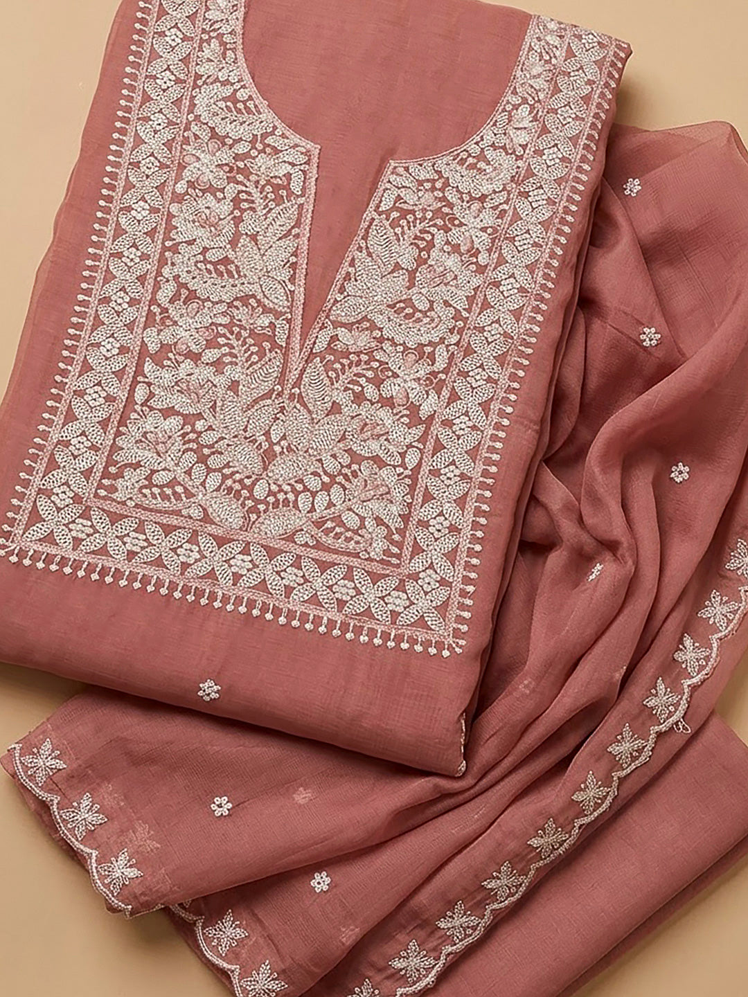 Peach Chanderi Embroidered Unstitched Dress Material
