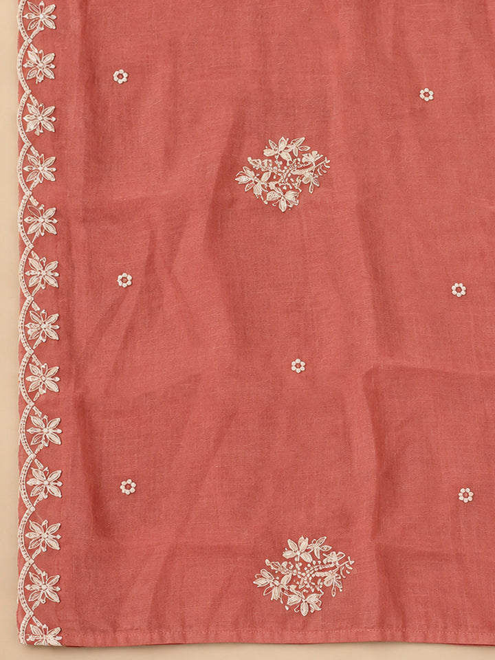 Peach Chanderi Embroidered Unstitched Dress Material