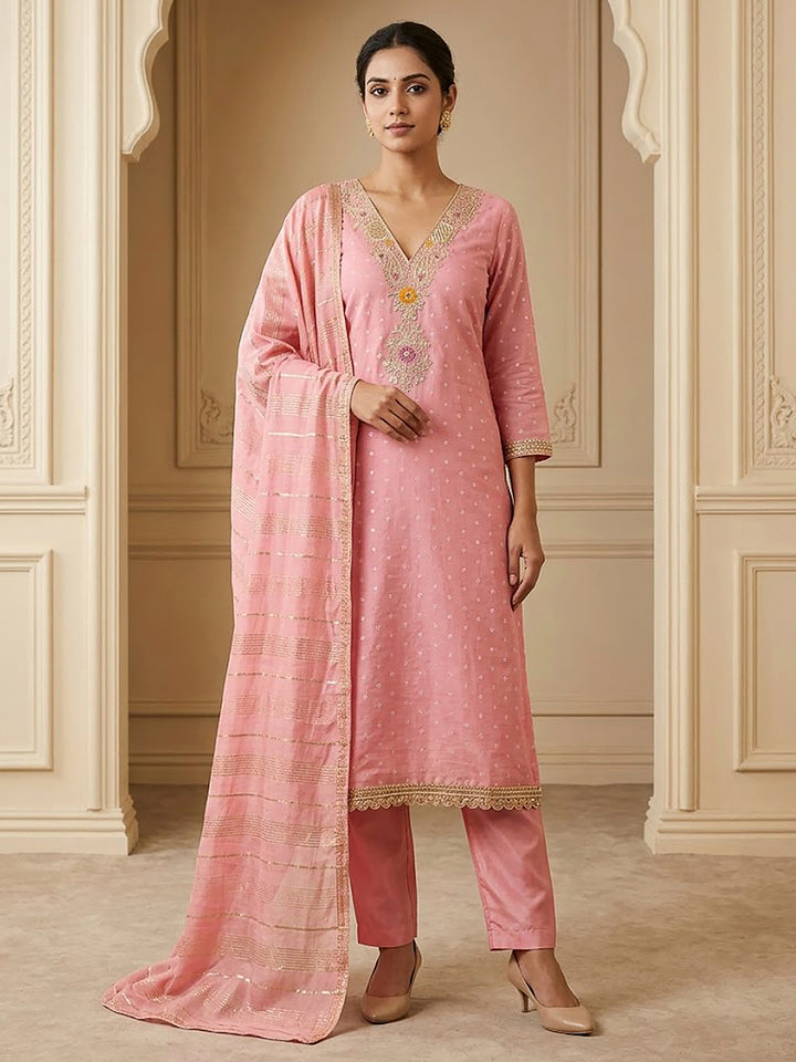 Peach Chanderi Embroidered Unstitched Dress Material