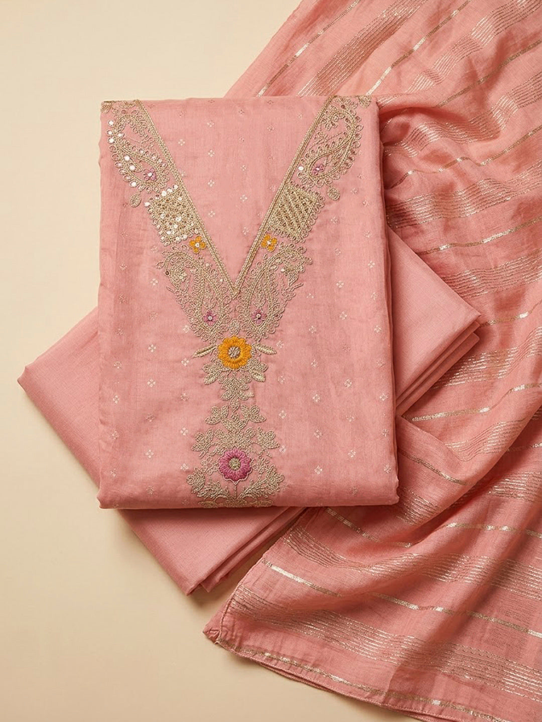 Peach Chanderi Embroidered Unstitched Dress Material