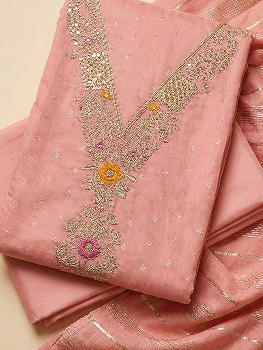 Peach Chanderi Embroidered Unstitched Dress Material