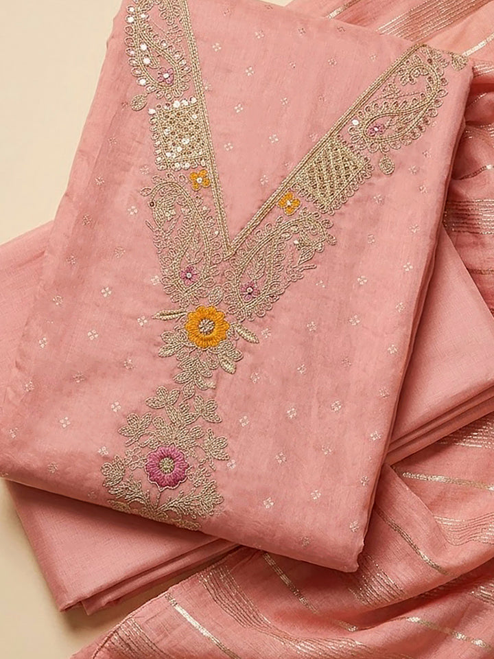 Peach Chanderi Embroidered Unstitched Dress Material