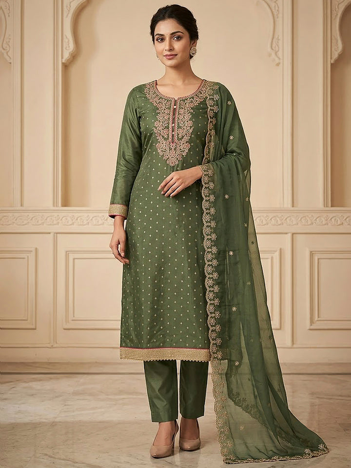 Green Chanderi Embroidered Unstitched Dress Material