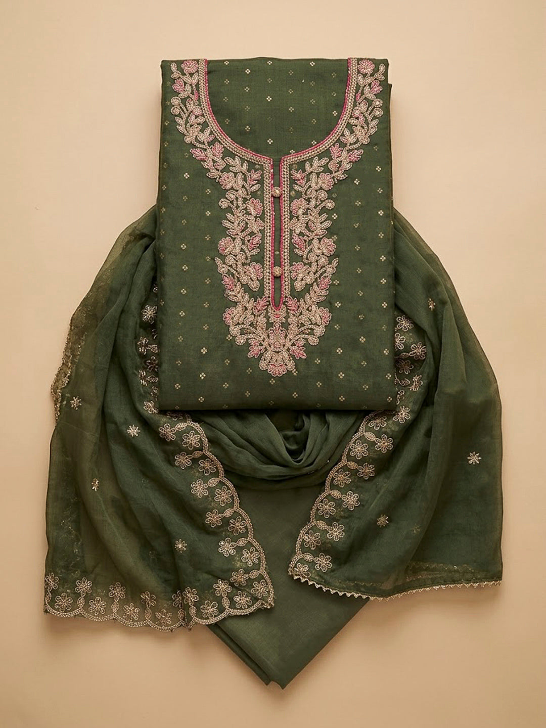Green Chanderi Embroidered Unstitched Dress Material