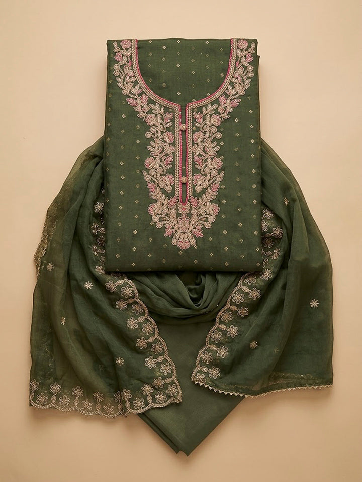 Green Chanderi Embroidered Unstitched Dress Material