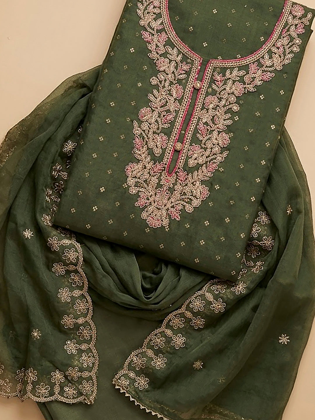 Green Chanderi Embroidered Unstitched Dress Material