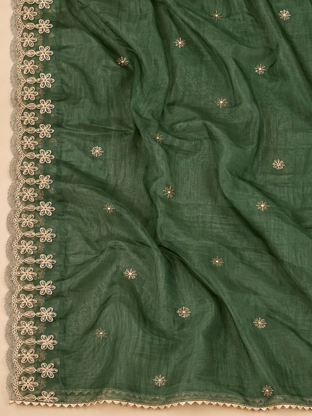 Green Chanderi Embroidered Unstitched Dress Material
