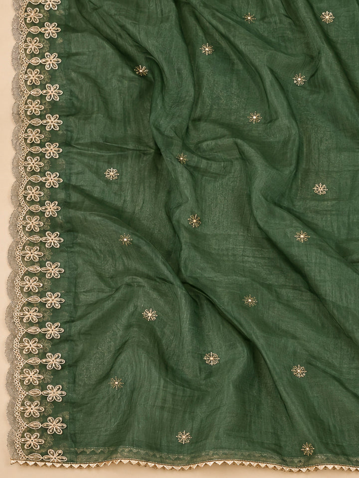 Green Chanderi Embroidered Unstitched Dress Material