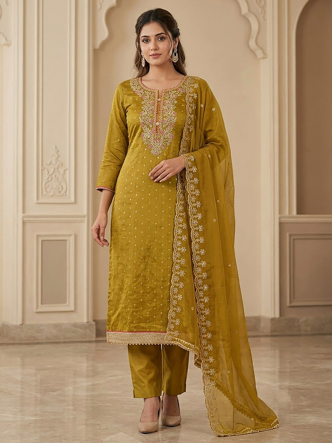 Mustard Chanderi Embroidered Unstitched Dress Material