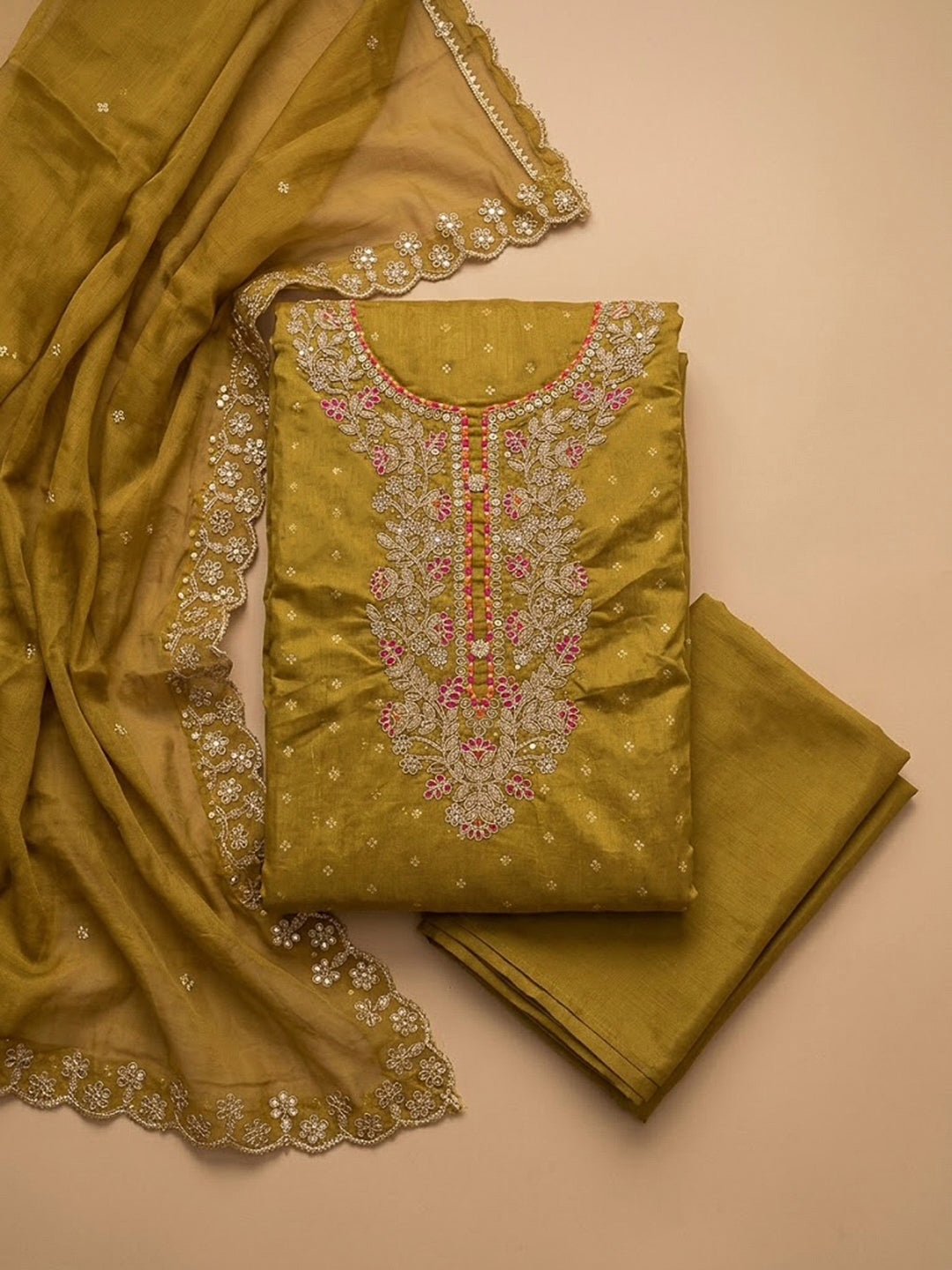Mustard Chanderi Embroidered Unstitched Dress Material