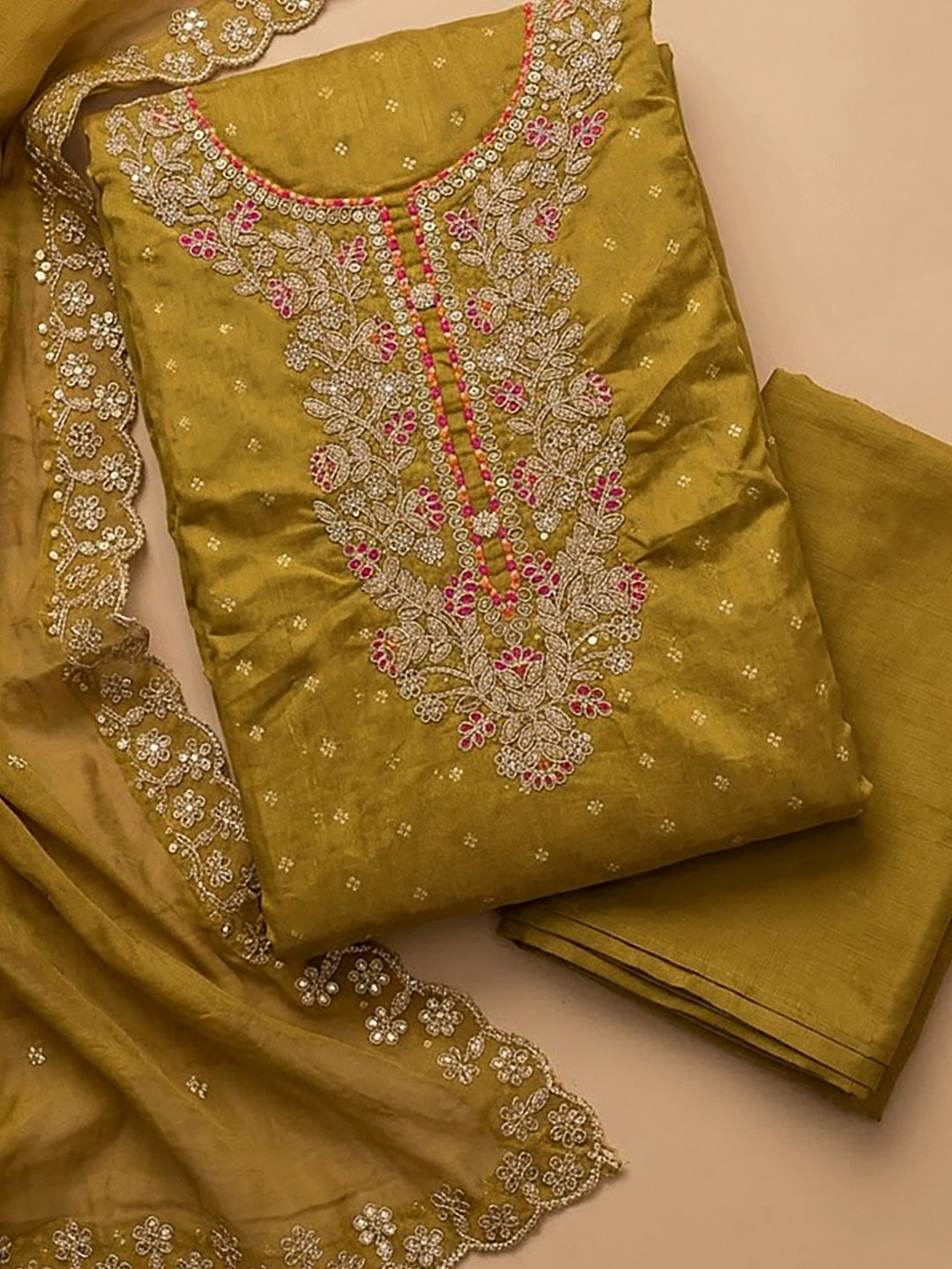 Mustard Chanderi Embroidered Unstitched Dress Material