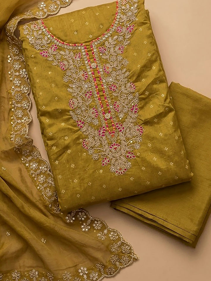 Mustard Chanderi Embroidered Unstitched Dress Material