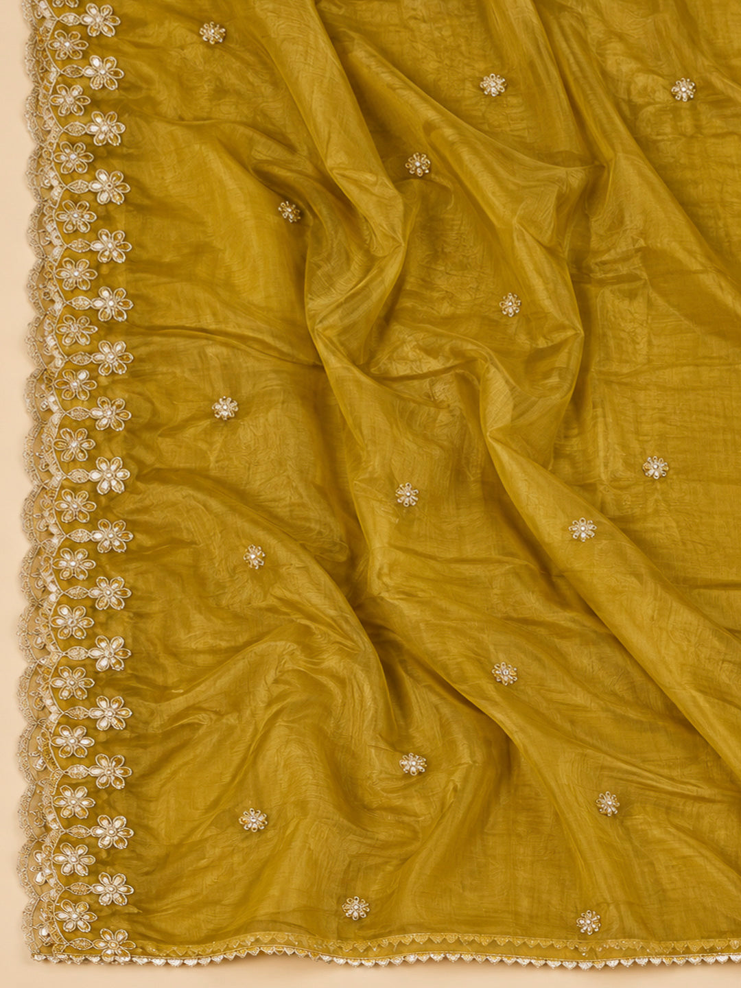 Mustard Chanderi Embroidered Unstitched Dress Material