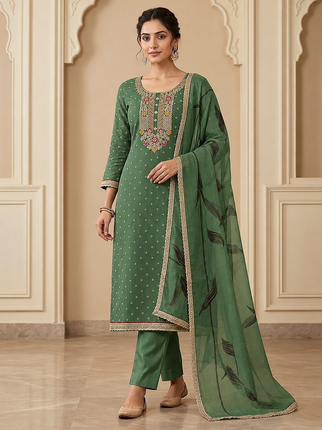 Green Chanderi Embroidered Unstitched Dress Material