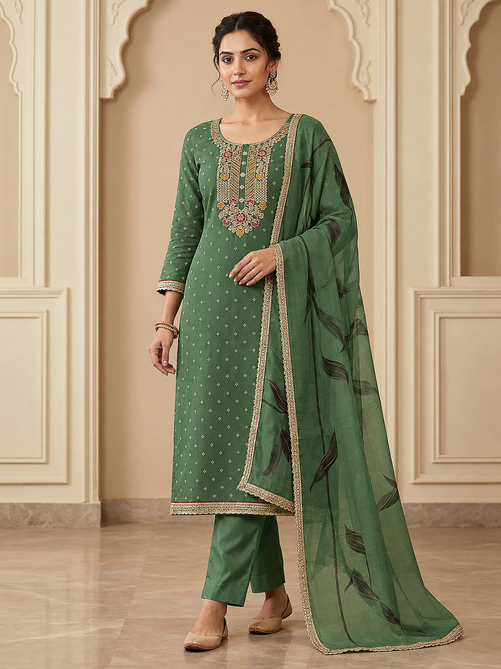 Green Chanderi Embroidered Unstitched Dress Material