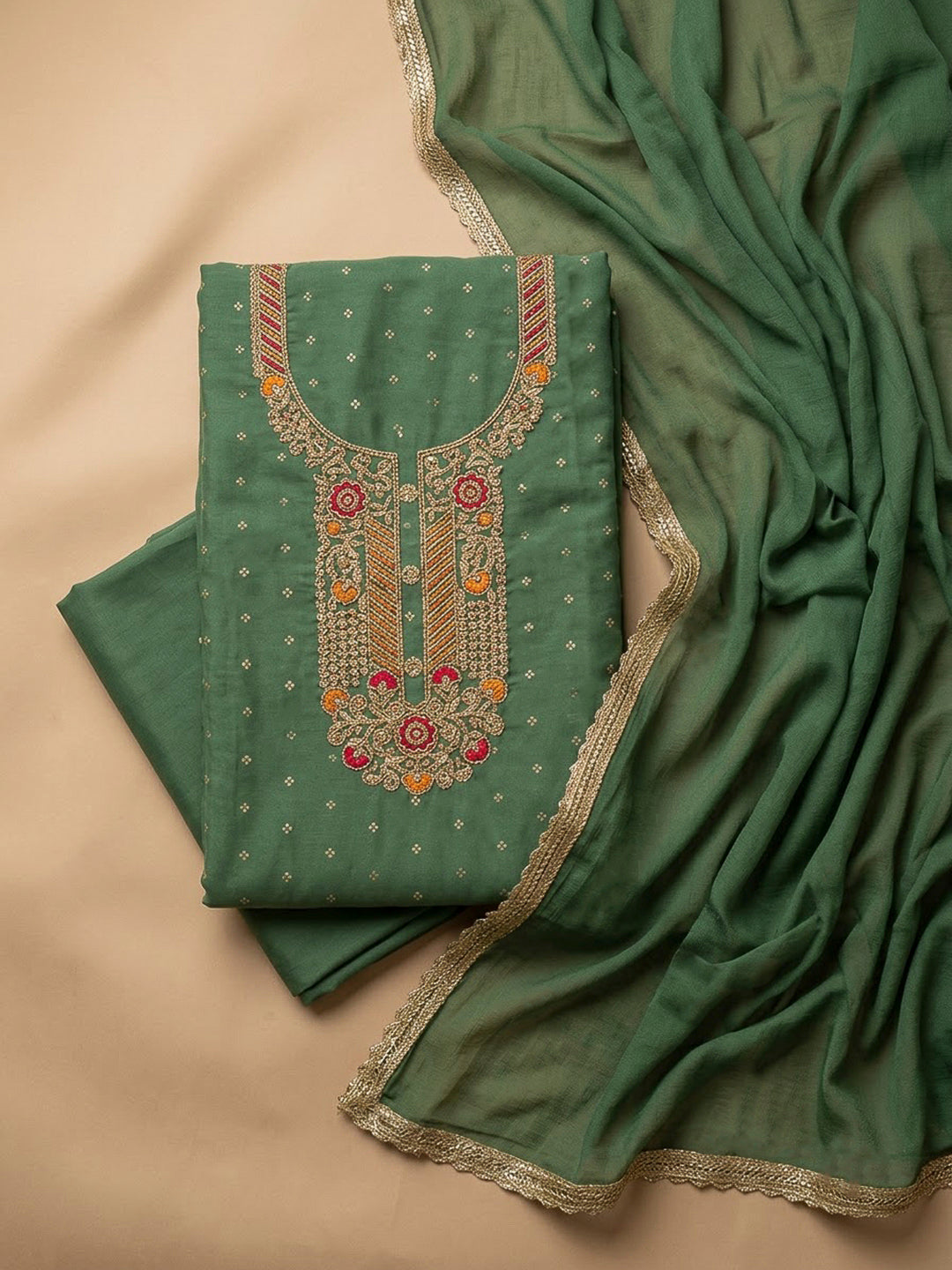 Green Chanderi Embroidered Unstitched Dress Material
