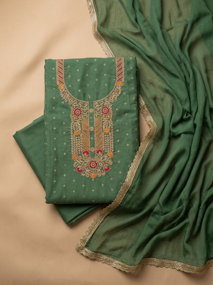 Green Chanderi Embroidered Unstitched Dress Material