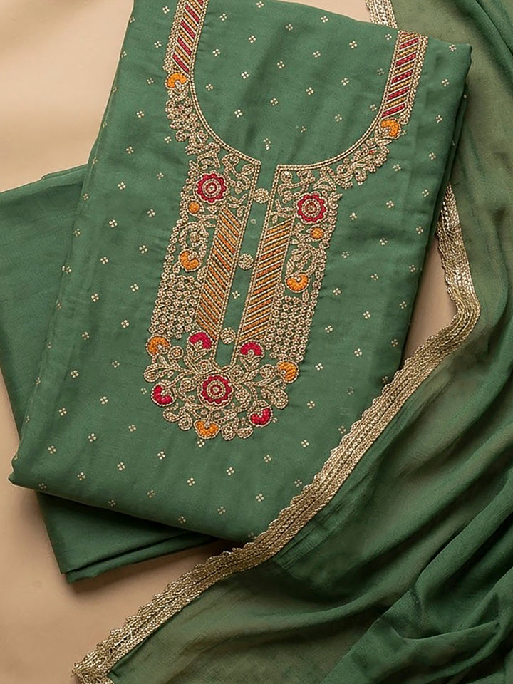 Green Chanderi Embroidered Unstitched Dress Material