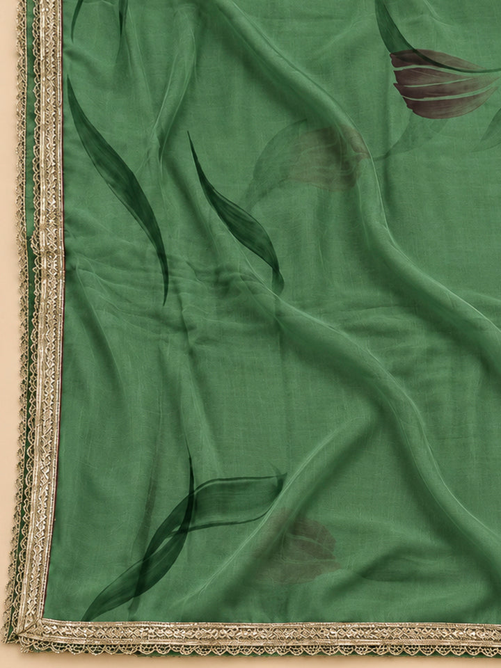 Green Chanderi Embroidered Unstitched Dress Material