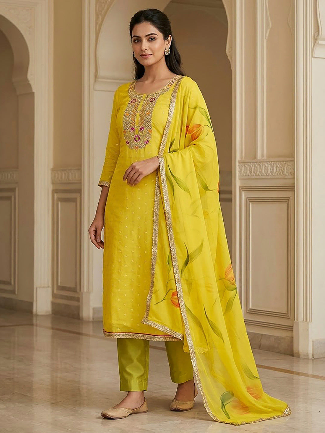 Yellow Chanderi Embroidered Unstitched Dress Material